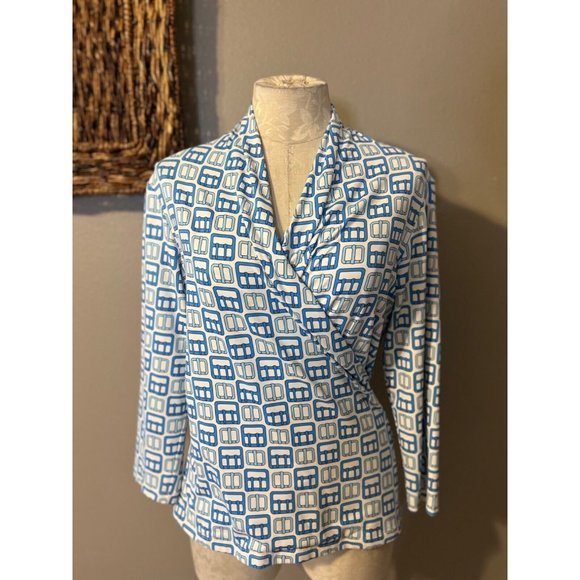 J. McLaughlin Womens Top M Medium Blue White 3/4 Long Sleeve Stretch Washable - Picture 2 of 9